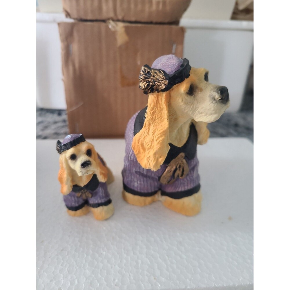 VTG 2 Buff Mom and Puppy Cocker Spaniel Figurines With Jackets & Hats 1970's